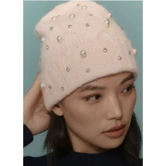 MAEVE ANTHROPOLOGIE Pink Embellished Rhinestone Pearl Cuffed Beanie Hat NWT - Picture 12 of 12